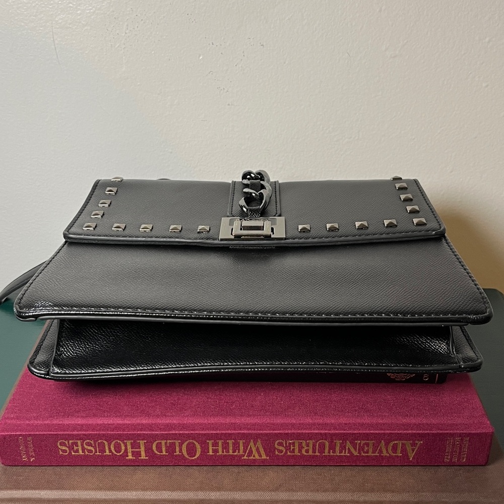 Badgley Mischka Black Gunmetal Studded Chain Detail City Goth Crossbody Bag - Picture 8 of 13